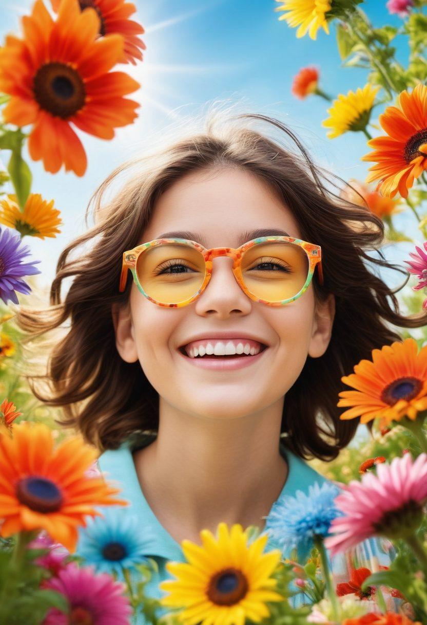 A bright, sunny landscape featuring an open eye with a radiant smile, surrounded by colorful flowers and cheerful sunlight. Include playful children wearing oversized glasses, joyfully interacting with vibrant eye care products like colorful contact cases and cute eyeglass frames. The scene should evoke a sense of joy and positivity, illustrating the theme of cheerful eye care solutions. bright colors. playful style. cheerful atmosphere.