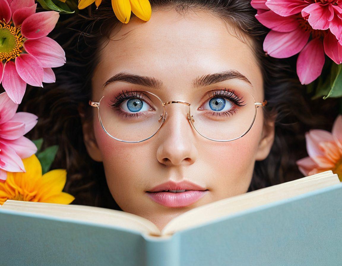A close-up of a pair of expressive eyes, surrounded by vibrant flowers and soft, glowing light. Include a pair of stylish glasses resting on a book titled 'Joyful Eye Health'. In the background, a calming landscape featuring rolling hills and a bright sky, symbolizing comfort and clarity. The overall atmosphere should evoke a sense of peace and joy. super-realistic. bright and cheerful colors. soft focus.