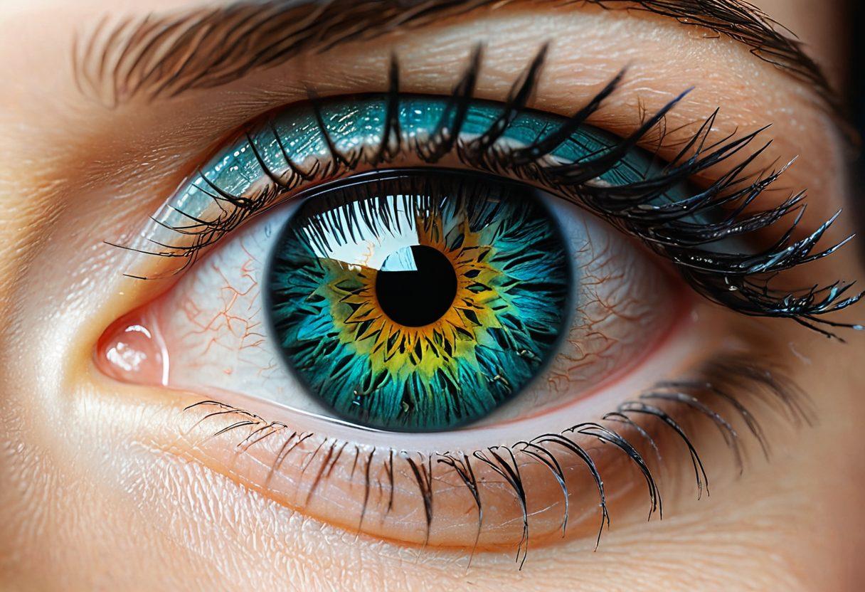 A close-up shot of an enchanting eye surrounded by vibrant eye care products, like colorful eye drops, soft contact lenses, and radiant glasses. The background features bright, refreshing colors symbolizing health and vitality, with a soft focus effect on the eye. Include a subtle glow effect to create an uplifting feel. super-realistic. vibrant colors. soft focus.